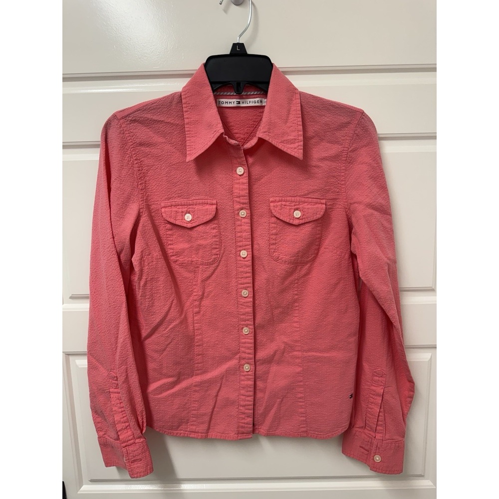 Tommy Hilfiger Top Women Pink Soft Gauze Button Front Long Slv Shirt Size 8 A10